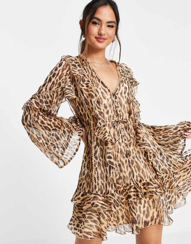 ASOS DESIGN Ruffle mini dress with button front and lace detail in animal print