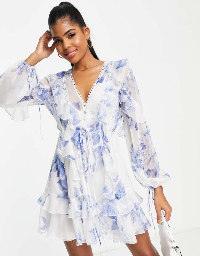 ASOS DESIGN Ruffle mini dress with button front and lace detail in floral print