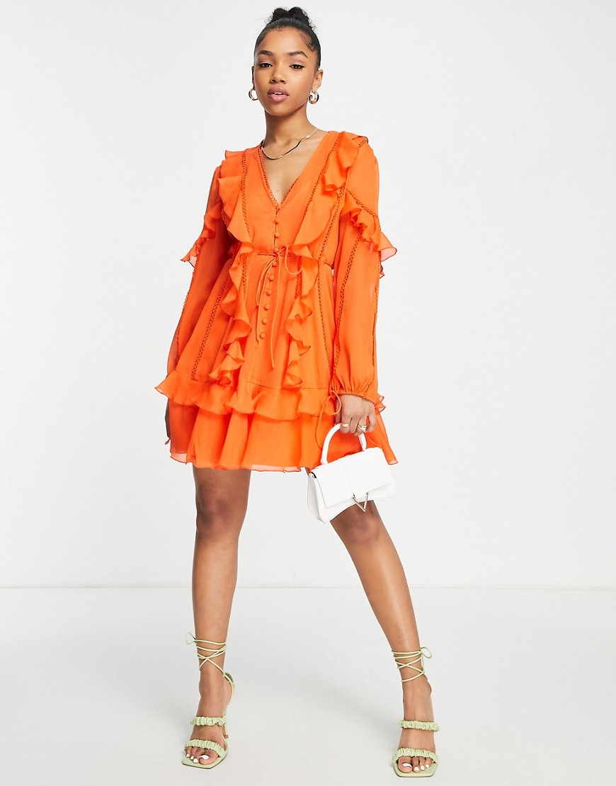 ASOS DESIGN ruffle mini dress with button front and lace detail-Orange