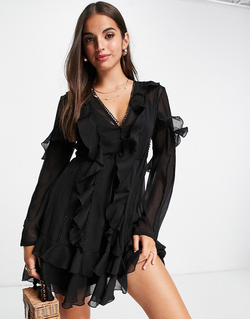 ASOS DESIGN Ruffle mini dress with button front and lace detail-Black