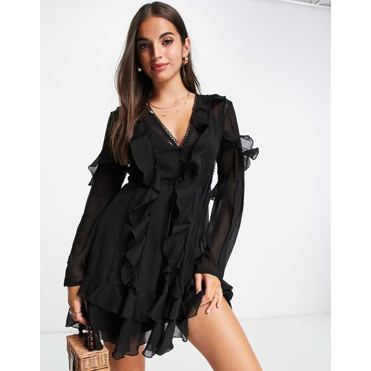 ASOS DESIGN Ruffle mini dress with button front and lace detail