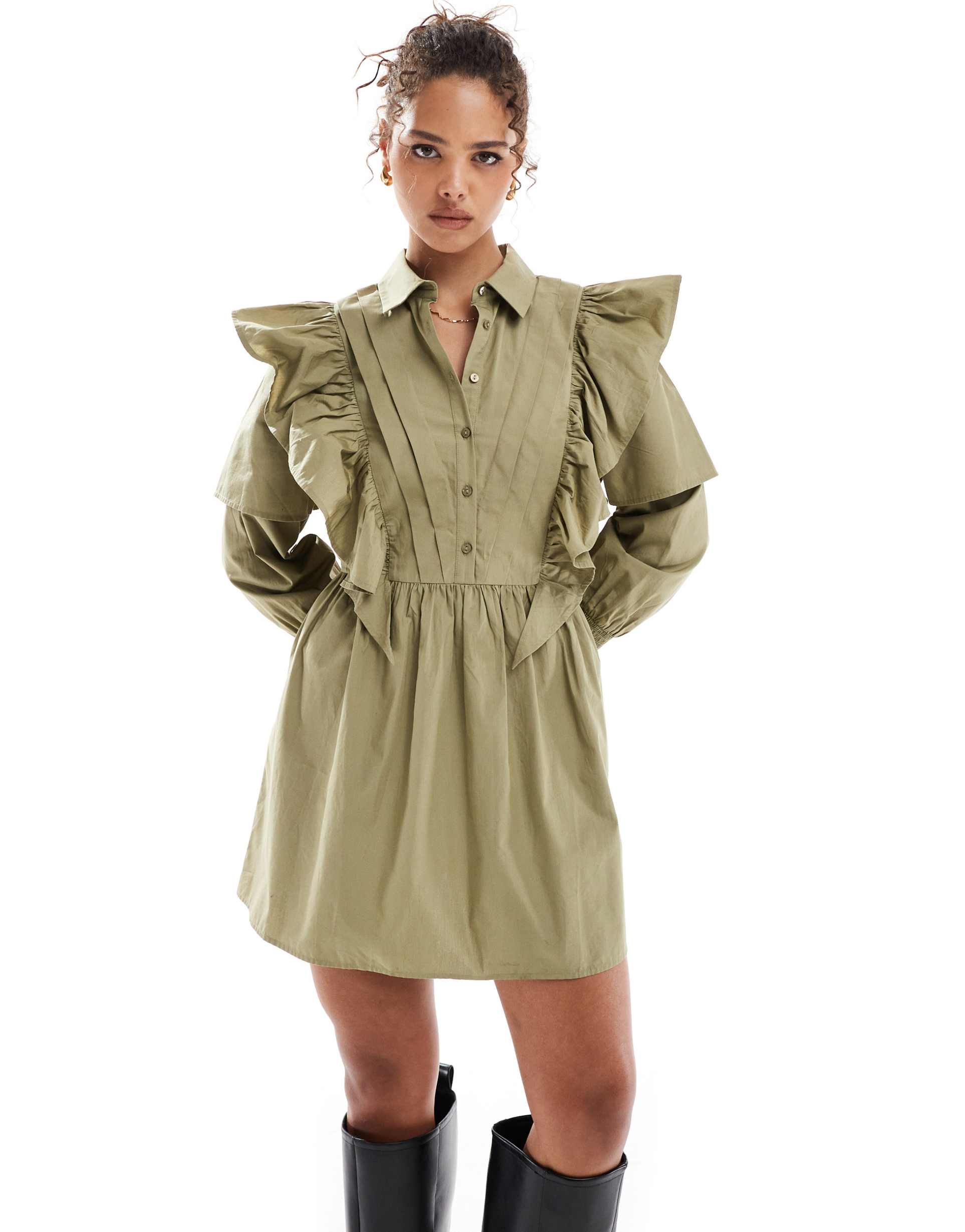 asos design ruffle mini shirt dress in stone