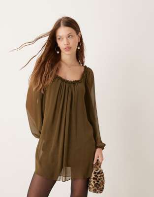 Asos Design Ruffle Neck Mini Smock Dress In Khaki-green