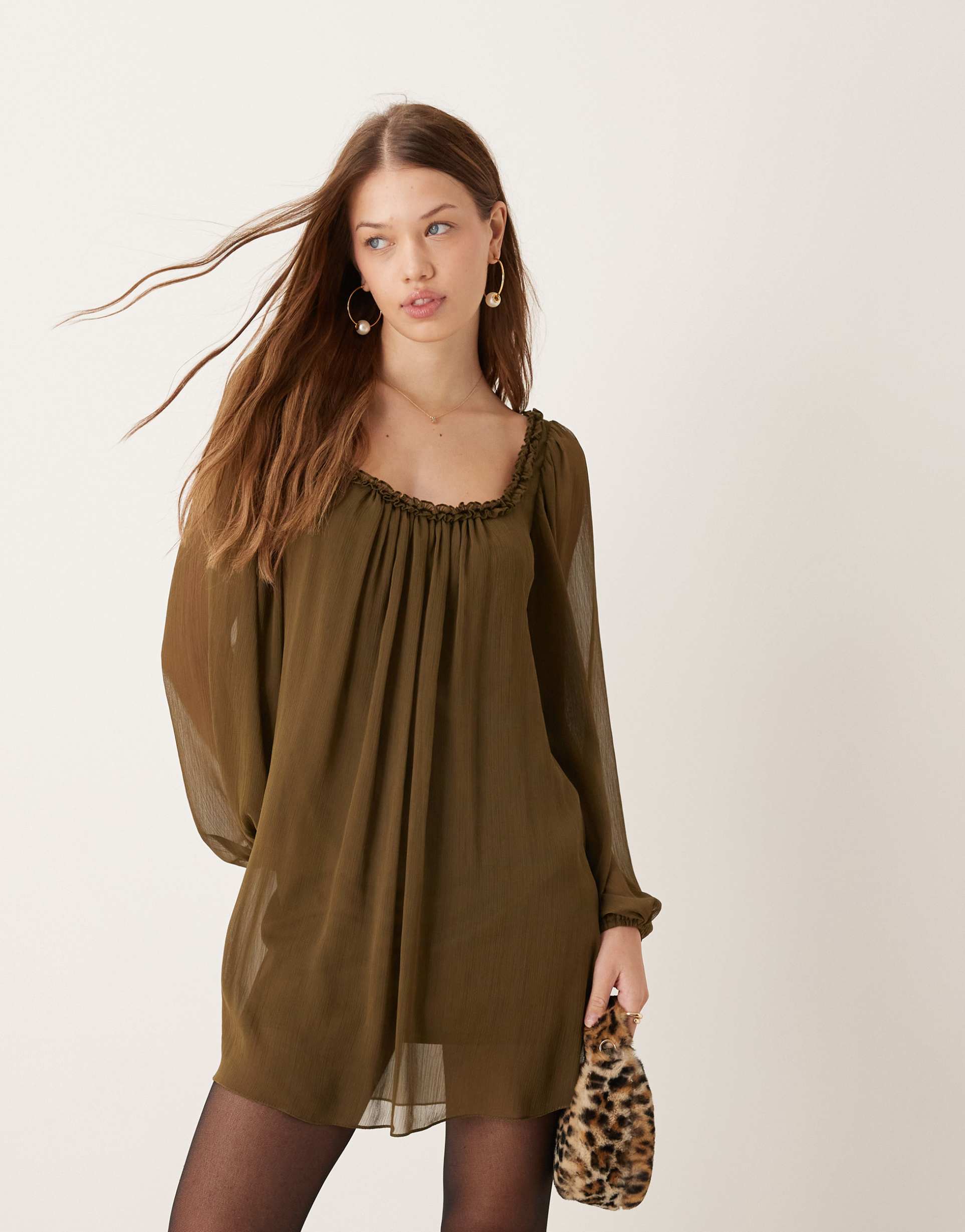 asos design ruffle neck mini smock dress in khaki