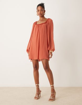 ruffle neck mini smock dress in rust-Orange