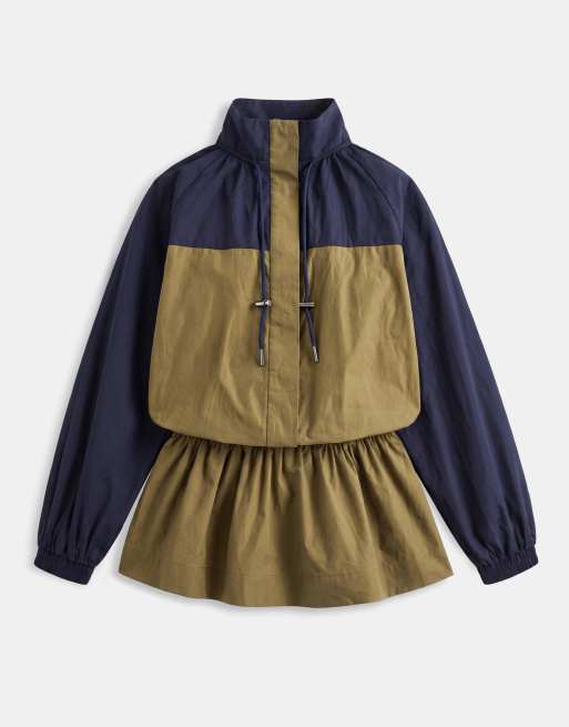 ASOS DESIGN ruffle neck mini track dress in navy and olive color block, 5 of 8