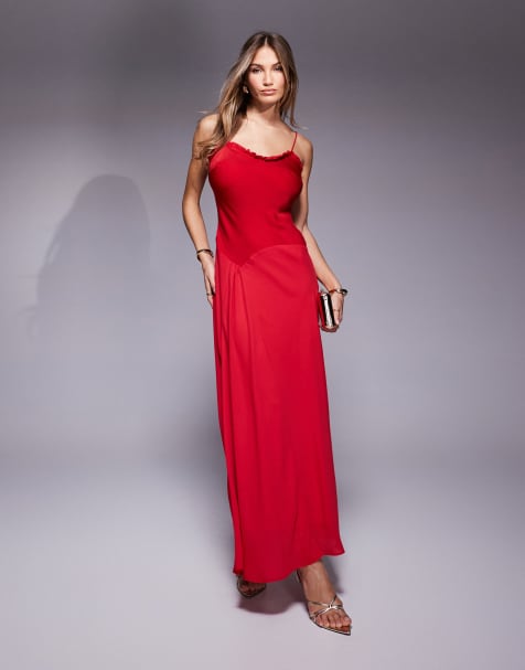ASOS DESIGN ruffle neck satin bodice midi dress with full chiffon skirt in red - view 1