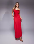 [ASOS DESIGN] ASOS DESIGN ruffle neck satin bodice midi dress with full chiffon skirt in red 8 RED