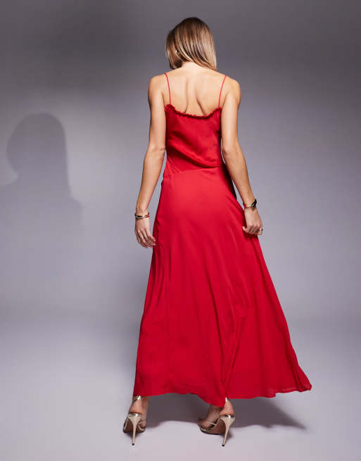 ASOS DESIGN ruffle neck satin bodice midi dress with full chiffon skirt in red