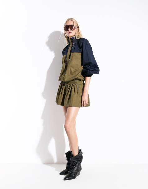 ASOS DESIGN ruffle neck track mini dress in navy and olive colour block - view 1