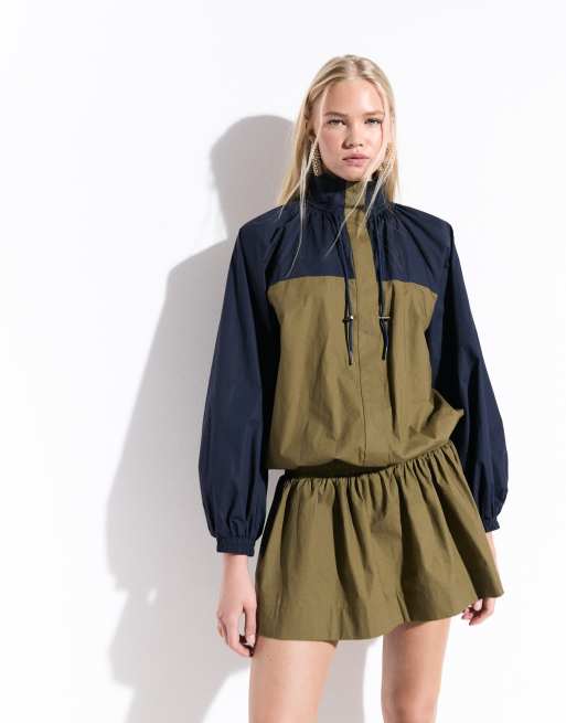 ASOS DESIGN ruffle neck track mini dress in navy and olive colour block, 3 of 8