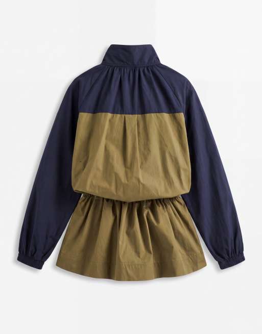 ASOS DESIGN ruffle neck track mini dress in navy and olive colour block, 6 of 8