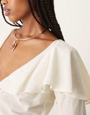 Asos Design Ruffle Neckline Prairie Blouse In White