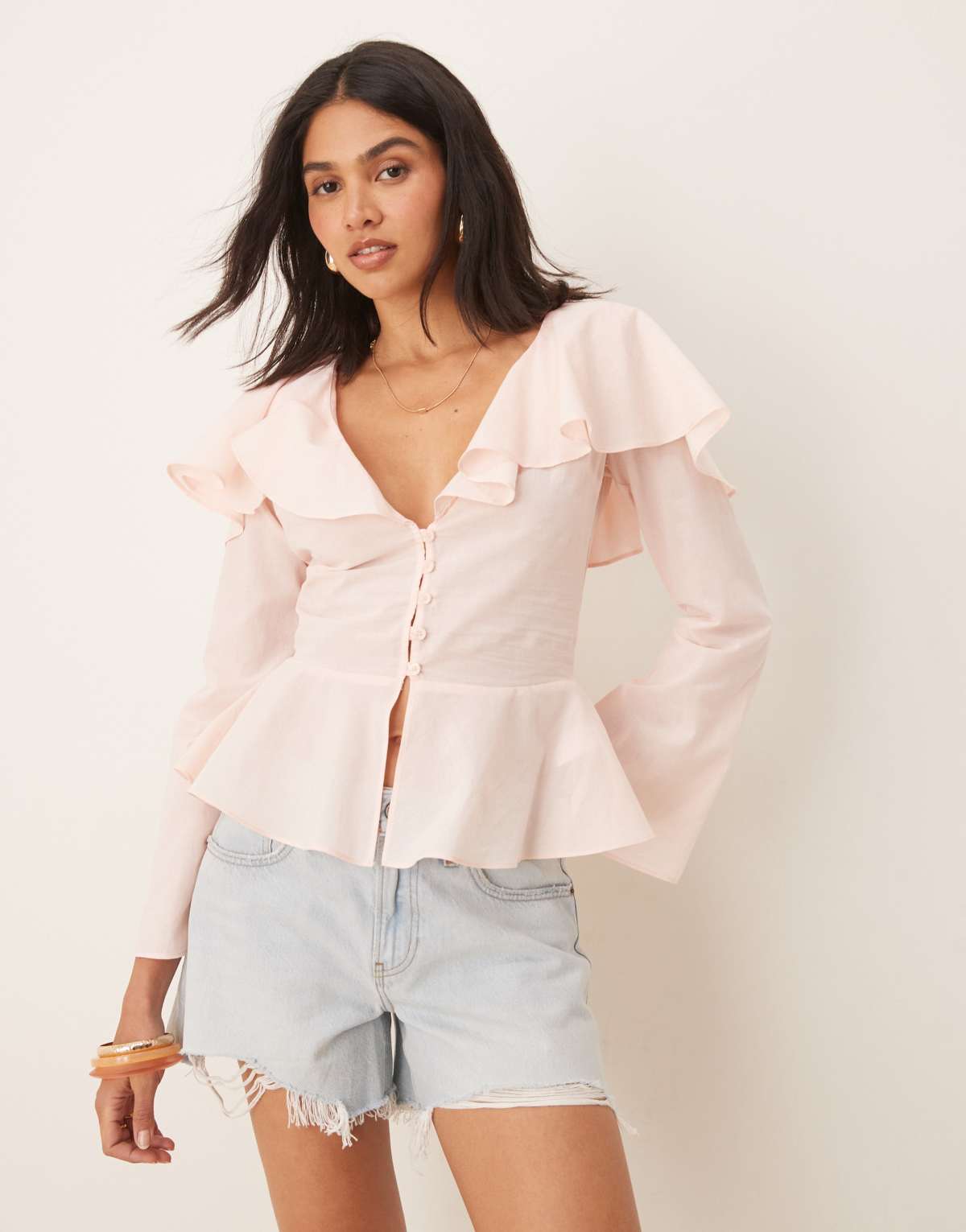 ASOS DESIGN ruffle neckline prairie blouse in light pink