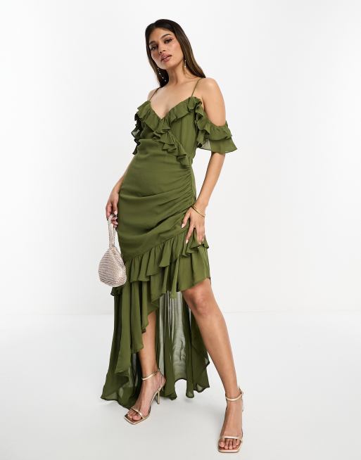 ASOS DESIGN ruffle off shoulder assymetric maxi dress in khaki