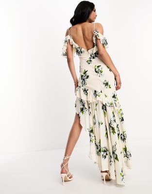 floral off shoulder high low dress