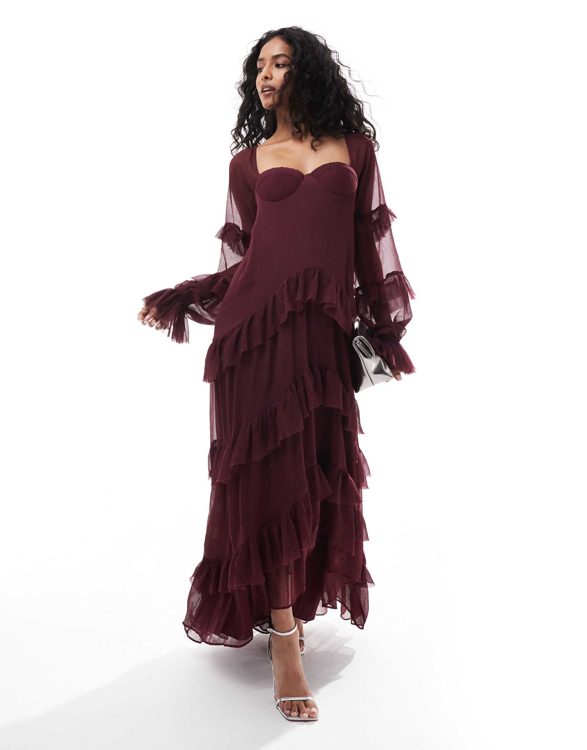 asos design ruffle off shoulder corset detail tiered maxi dress with hi low hem in burgundy