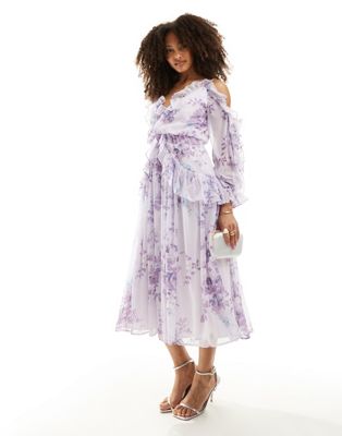 ASOS DESIGN ruffle off shoulder midi dress in lilac floral print
