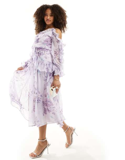 ASOS DESIGN ruffle off shoulder midi dress in lilac floral print - view 1