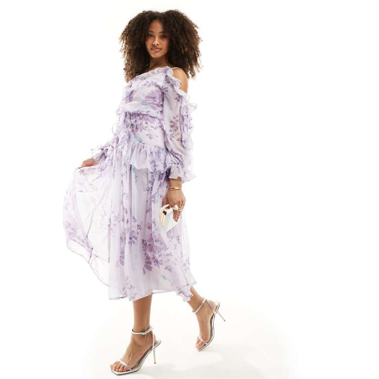 ASOS DESIGN ruffle off shoulder midi dress in lilac floral print ASOS