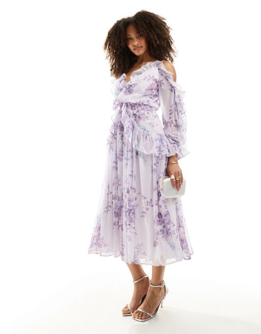 FhyzicsShops DESIGN ruffle off shoulder midi dress in lilac floral print