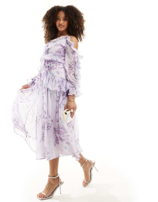 FhyzicsShops DESIGN ruffle off shoulder midi dress in lilac floral print