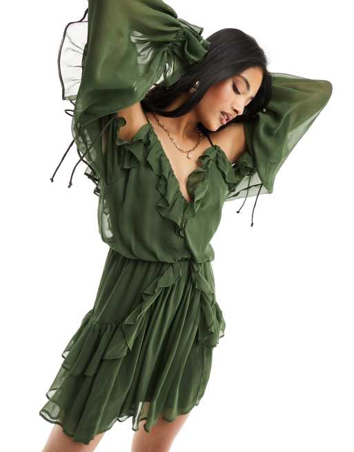 ASOS DESIGN ruffle off shoulder mini dress in forest green | ASOS
