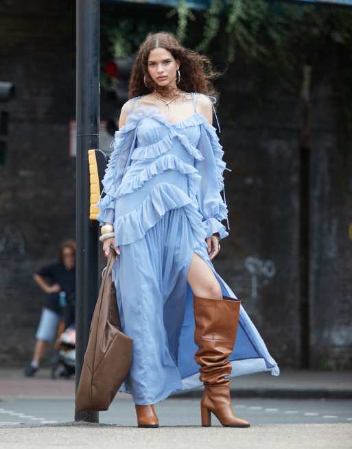 ASOS DESIGN ruffle off shoulder tiered maxi dress in mid blue ASOS