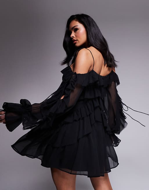 black frilly dress Petal and Pup Women's Ciao Ruffles Maxi On Shoulder Asymmetrical Ruffle V-Neck Dress in Black