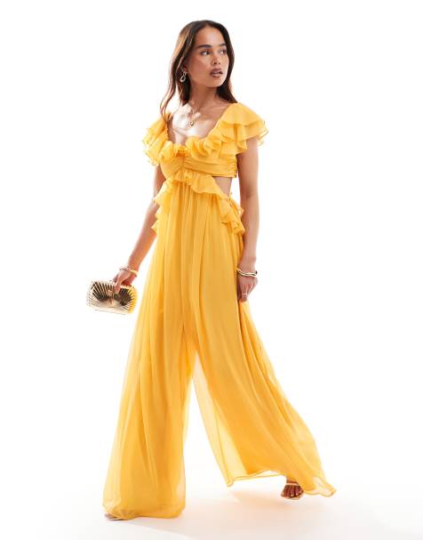 ASOS DESIGN ruffle off the shoulder cut out wide leg jumpsuit in mustard - view 1
