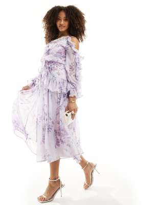 Asos Design Ruffle Off The Shoulder Midi Dress In Lilac Floral Print-multi