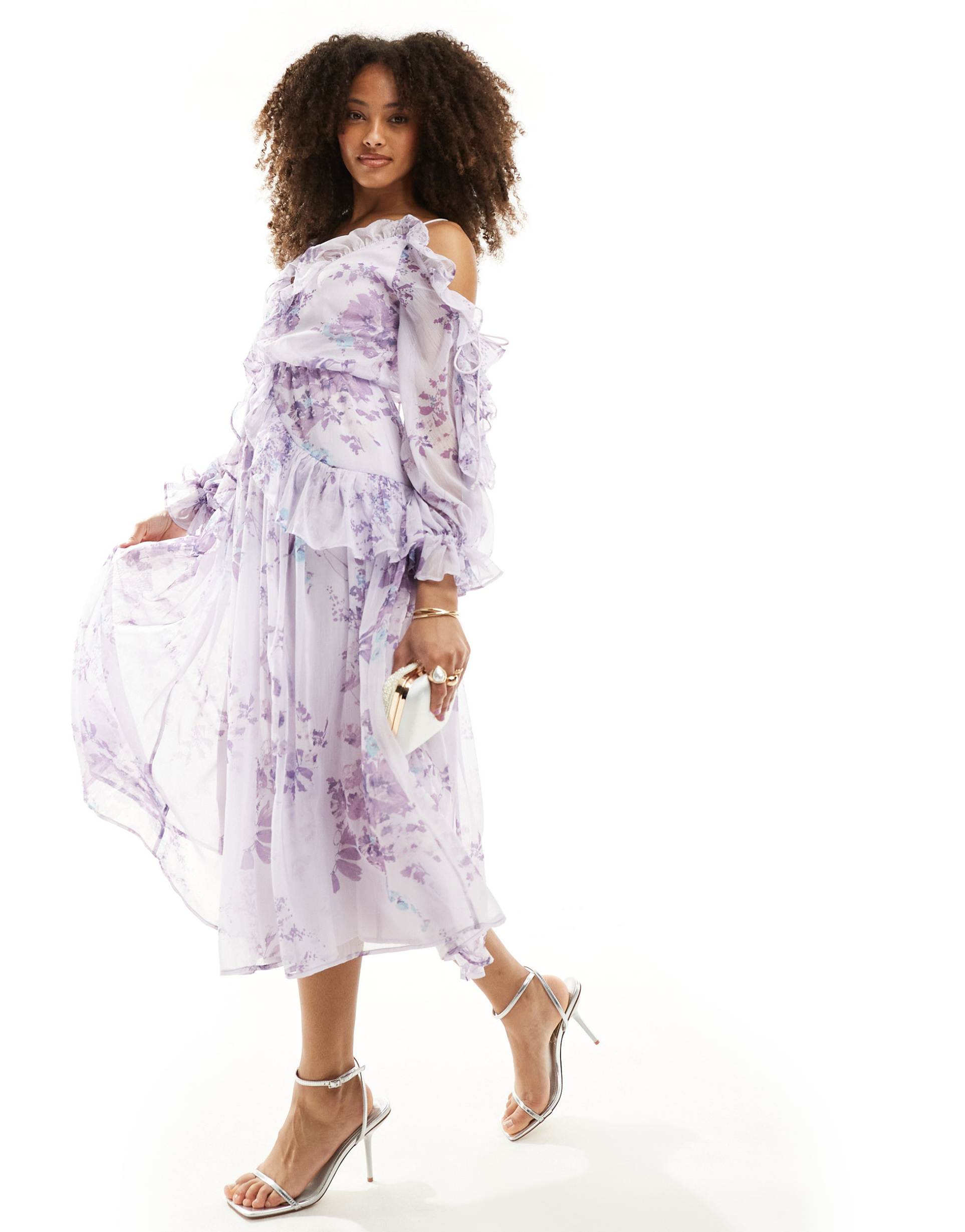 asos design ruffle off the shoulder midi dress in lilac floral print