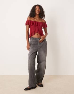 Asos Design Ruffle Off The Shoulder Split Front Top In Burgundy