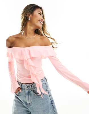 Baby Pink Rib Tie Front Frill Hem Long Sleeve Crop Top