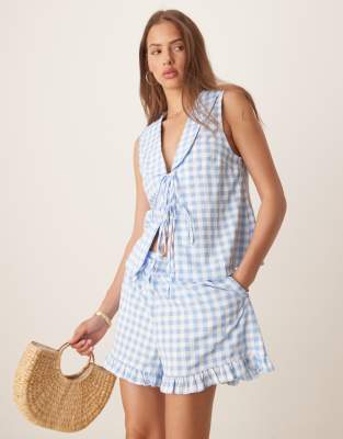 ASOS DESIGN ruffle oversized collar tank top co-ord in blue and white gingham-Multi