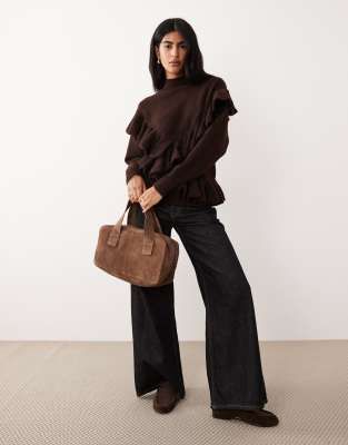 Asos Design Ruffle Oversized Funnel Neck Sweater In Brown