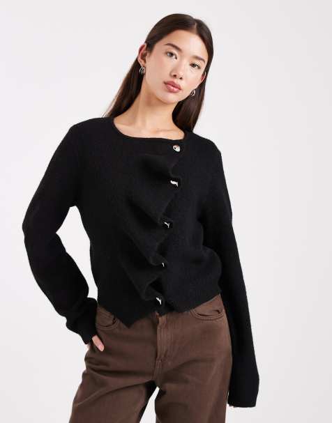 ASOS DESIGN ruffle placket cardigan in black - view 1