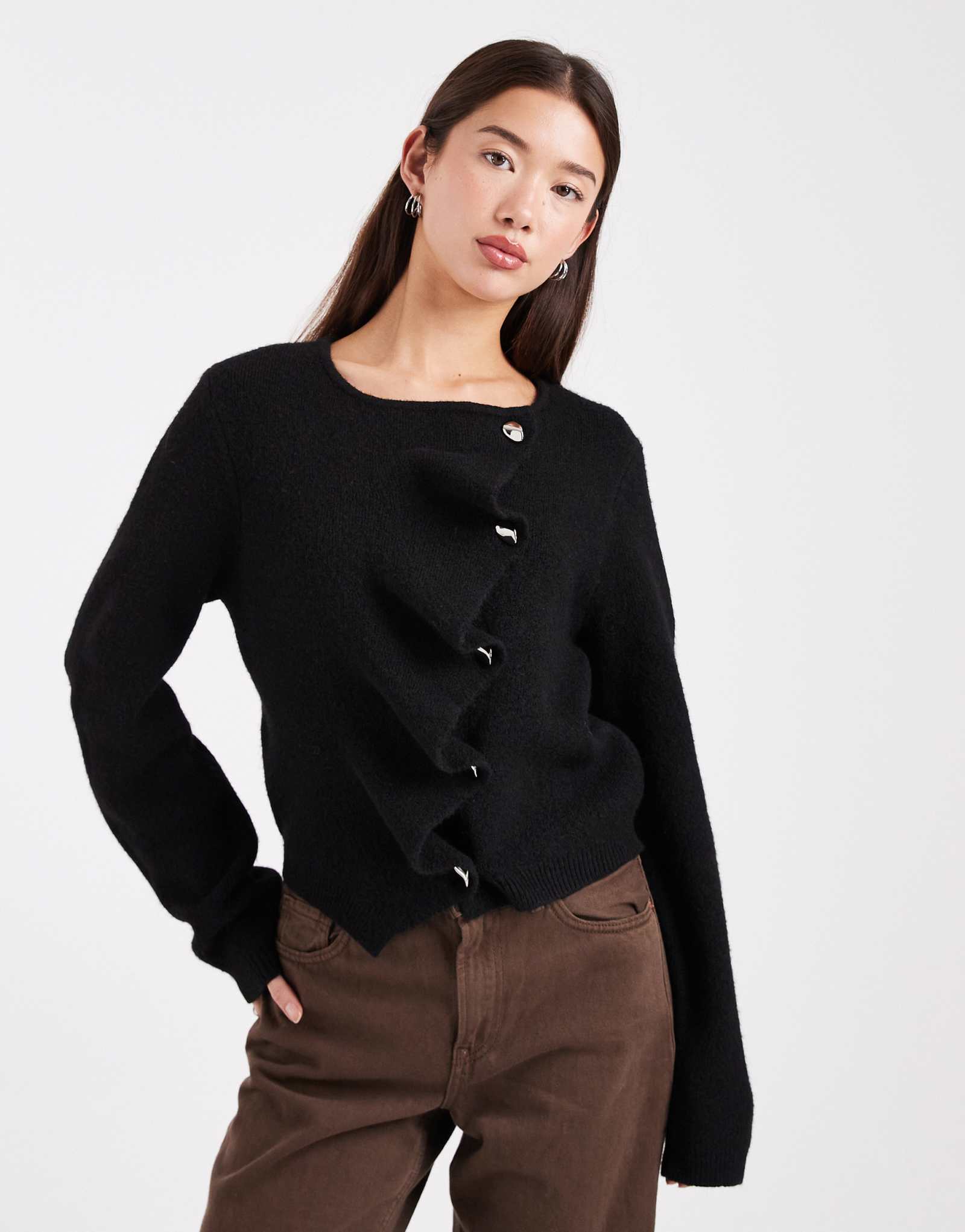 Черный кардиган с оборками и планкой от ASOS DESIGN