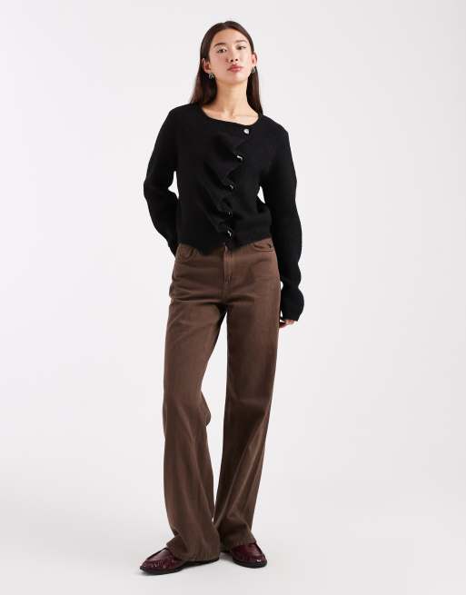 ASOS DESIGN ruffle placket cardigan in black, 2 of 4