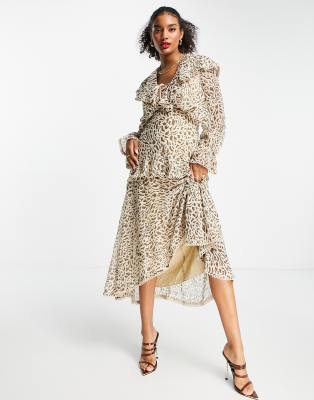 ASOS DESIGN ruffle plunge midi dress with lace trims in leopard print-Multi