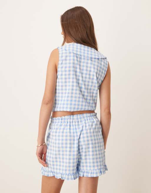 ASOS DESIGN ruffle pull on shorts co-ord in blue and white gingham, 2 of 4