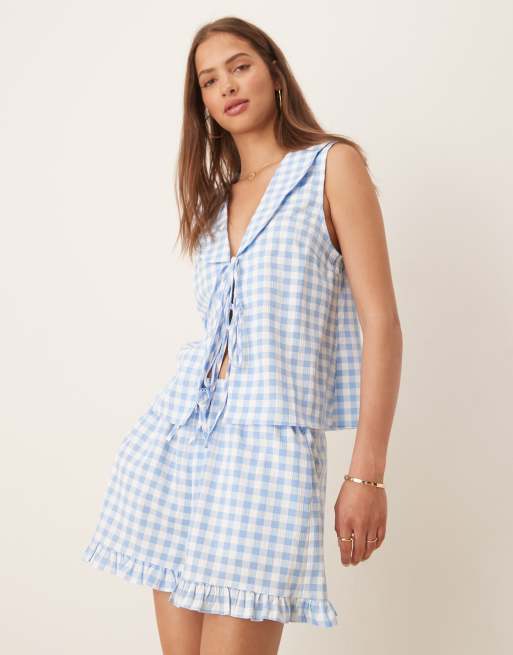 ASOS DESIGN ruffle pull on shorts co-ord in blue and white gingham, 3 of 4