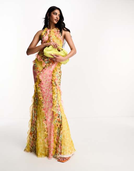 ASOS DESIGN ruffle racer neck maxi dress in color block floral print ASOS