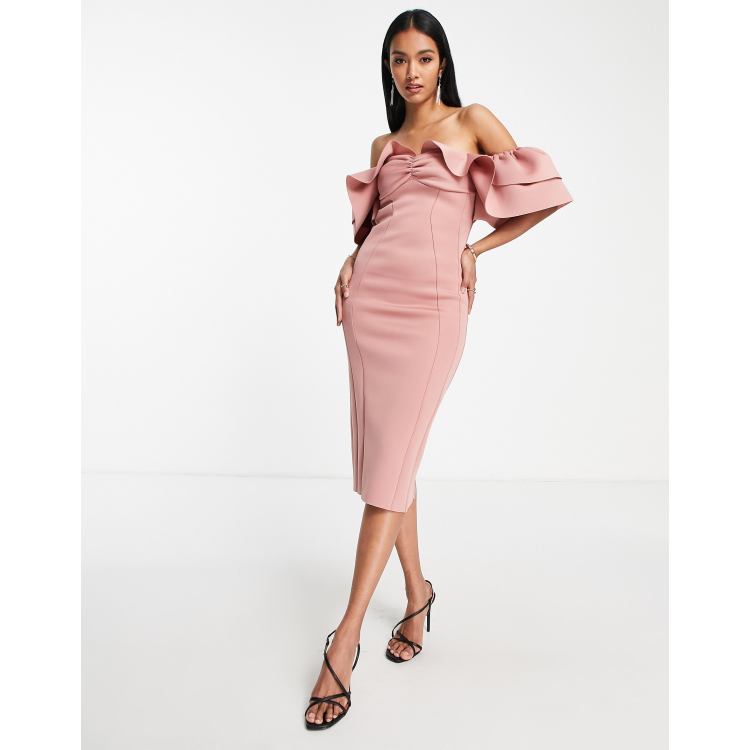 Asos pink off hot sale the shoulder dress