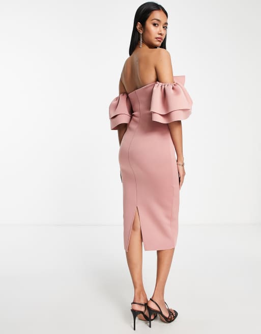 ASOS DESIGN ruffle ruched bardot midi dress in pale pink