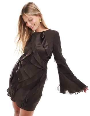 ruffle satin chiffon mix long sleeve mini dress in chocolate brown