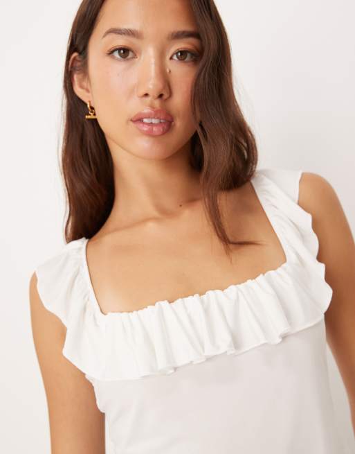 ASOS DESIGN ruffle scoop neck crop top in ivory, 3 of 4