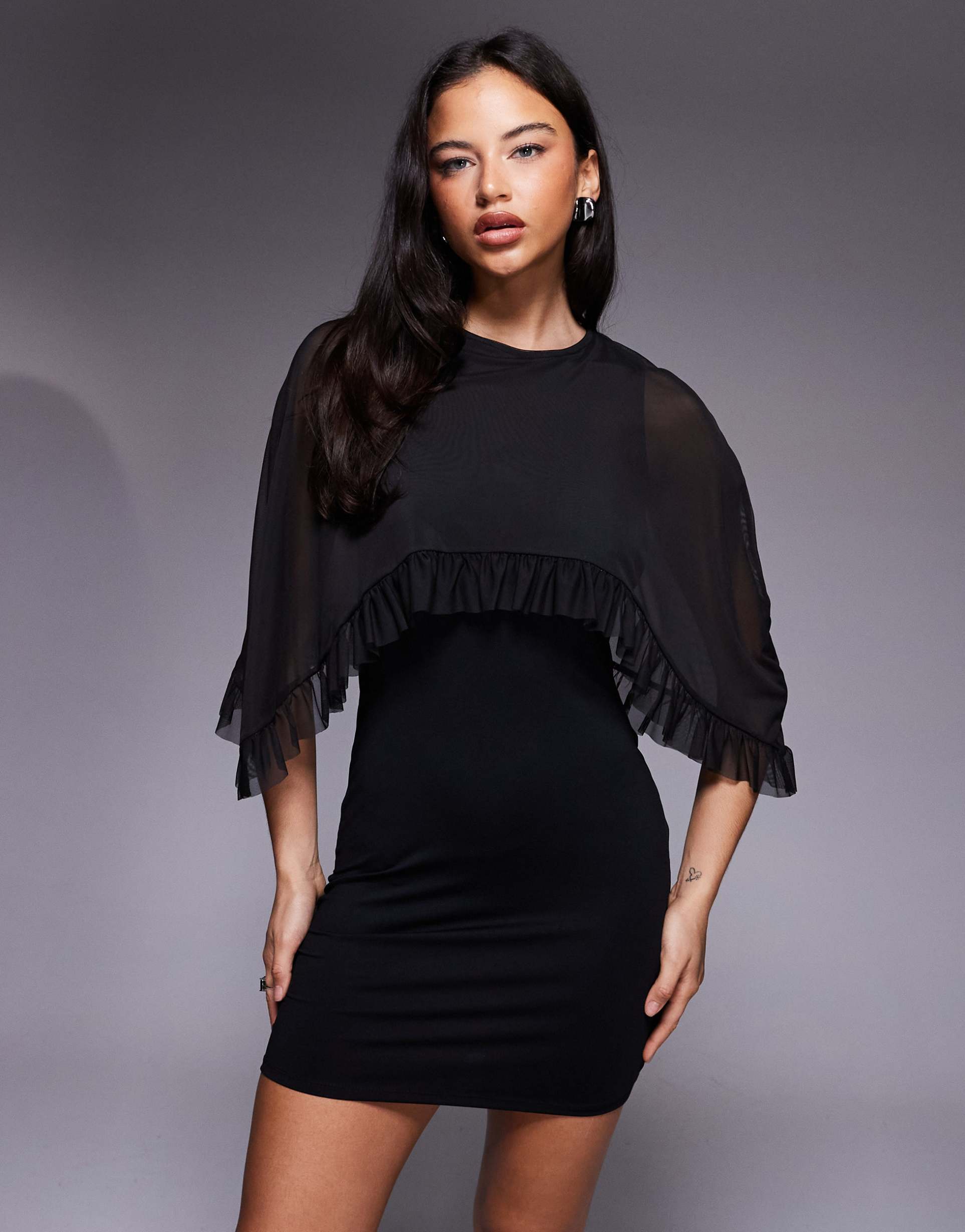 asos design ruffle sheer cape mini dress in black