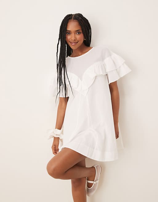 short white ruffle dress Meliodas Mini Romantic Dinners Brunch Events Ruffle Short White Party Dress: