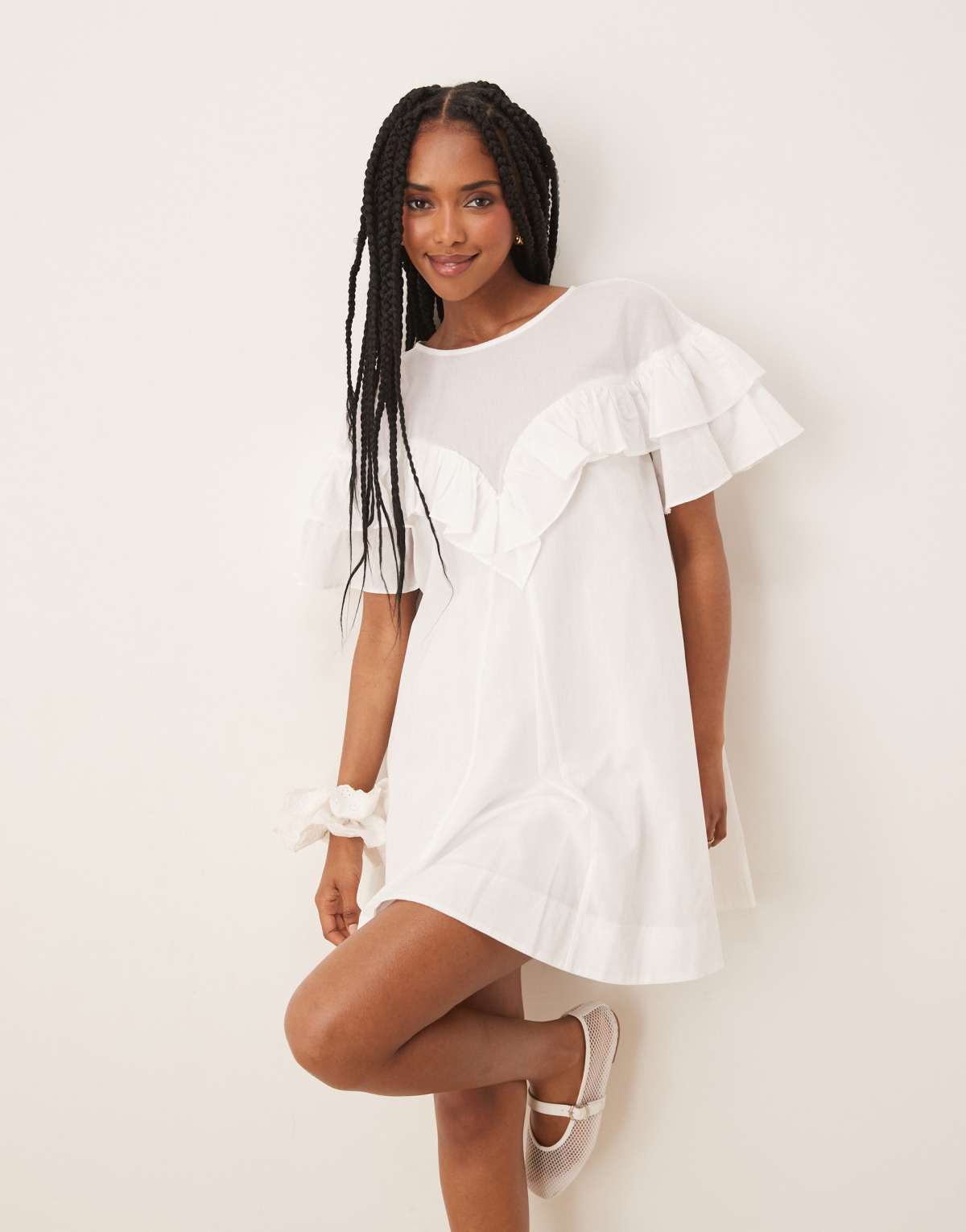 ASOS DESIGN ruffle short sleeve dress in white